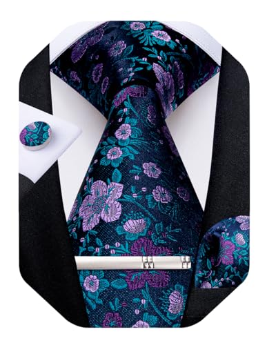 Image of DiBanGu Silk Floral Ties for Men Woven Paisley Necktie and Tie Clip Handkerchief Cufflinks Set for Party Wedding