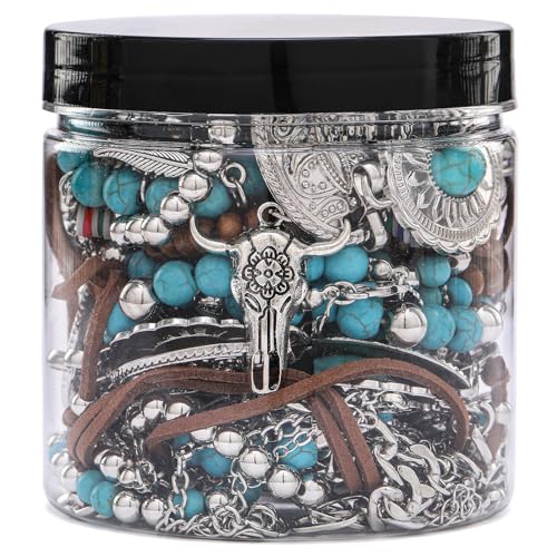 1718 Pcs Turquoise Mystery Jewelry Jar for Women - Surprise Vintage Jewelry Box Boho Gift Set Multi Style with Necklaces Earrings Rings Bracelets Unique Anniversary Birthday Friendship Gift for Her