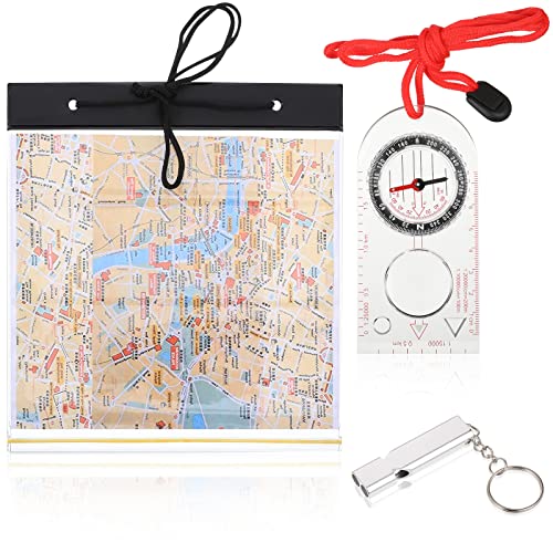 Orientation Compass Waterproof Map Case with Emergency Whistle Navigation Compass and Transparent Map Cover Waterproof Map Holder with Lanyard for Explorer Expedition Camping Hiking Survival