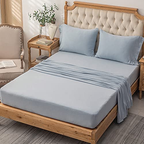 PURE ERA Jersey Knit 4pc Bed Sheet Set 100% T-Shirt Heather Cotton Super Soft Comfy Breathable Fits Mattress Up to 20" Extra Deep Pocket (Solid Light Blue, King)