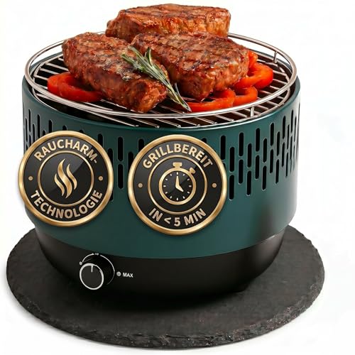 SOUK ONE Tischgrill mit Aktivbelüftung, Holzkohlegrill Grill mit Lüfter, Campinggrill BBQ Outdoor (Petrol)