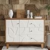 Farmhouse storage cabinet 3 drawer with 1 door abstract geometric relief pattern front wood sideboard buffet accent cabinet for bedroom dining room living room natural wood white  urban country home decor