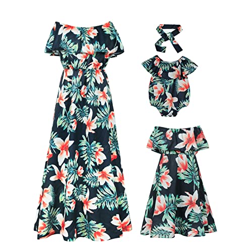 Image of PopReal Mommy and Me Dresses Floral Printed Chiffon Bowknot Ruffles Short Sleeve Beach Mom Daughter Matching Outfits
