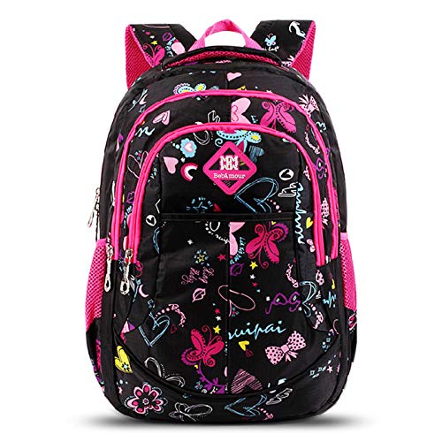 Bebamour Mochila para niños Escolar para niñas Mariposa y cariño Patrón para  Negro