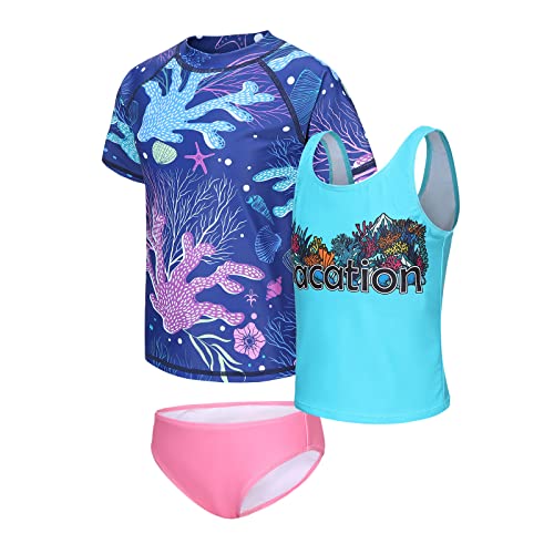 Image of Girls 3 Piece Rash Guard Swimsuits Set for Girls Short Sleeve Bathing Suits Hawaiian Swim Set 3-16 Years