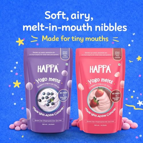 Image of Happa Blueberry & Strawberry Greek Yogurt Melts | 100% Greek Yogurt Candy for Babies, Kids & Adults | No Colours, No Artificial Flavours | Melt-in-Mouth | 8M+ | 20g Pack of 6
