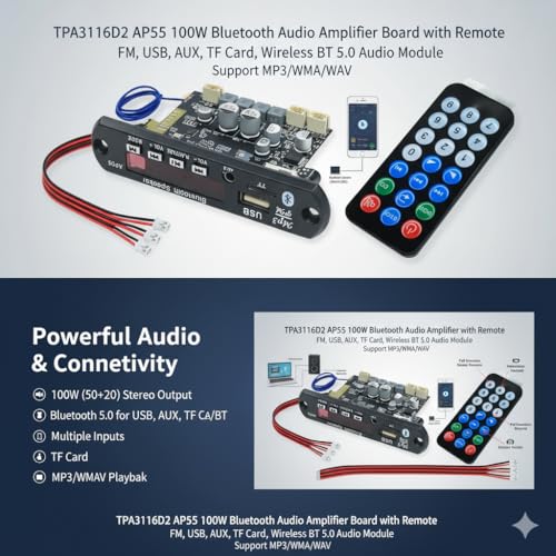 Image of TPA3116D2 AP55 100W Bluetooth Audio Amplifier Board with Remote | FM, USB, AUX, TF Card, Wireless BT 5.0 Audio Module | Support MP3 /WMA /WAV Combo