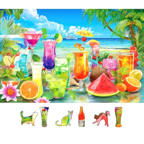 Tropical Paradise 500 Piece Jigsaw Puzzle for Adults Colorful Summer Beach Scene with Cocktails & Fresh Fruits,Letters on Back for Easy Sorting,Perfect for Game Nights & Family Fun(23“X15”)
