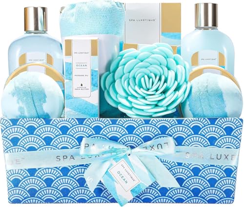 SPA LUXETIQUE Regalo para mujeres: 12 piezas conjunto de fragancia marina con aceite de masaje, sol de baño, bombas de baño, gel de ducha, manguera de pelo con botón cestas de enlace, sujetador SPA LUXETIQUE Regalo para mujeres: 12 piezas conjunto de fragancia marina con aceite de masaje, sol de baño, bombas de baño, gel de ducha, manguera de pelo con botón cestas de enlace, sujetador