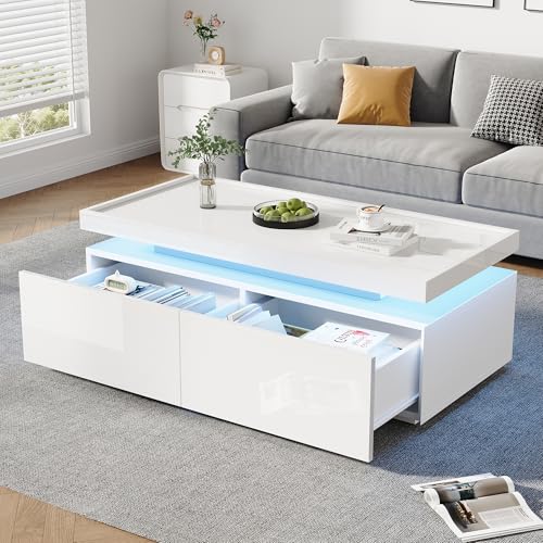 BTM Table Basse 95 x 45 x 35 cm, de Salon avec éclairage LED, à 2 tiroirs, d'appoint laquée Brillante, Coffee Table Minimaliste Moderne, au Design...