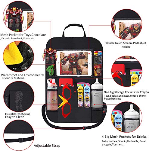 Car Backseat Organizer with 10\" Table Holder, 9 Storage Pockets Seat Back Protectors Kick Mats for Kids Toddlers, Travel Accessories - Thumbnail 2
