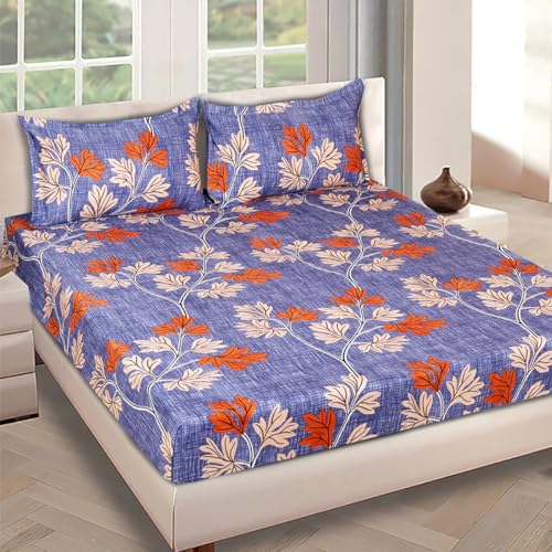 Image of ROMEE Elegant Floral Printed Glace Cotton Double Bedsheet, 144 TC Soft Feel, Queen Size (90 x 100 Inches), with 2 Pillow Covers, Blue (BDSAN101)