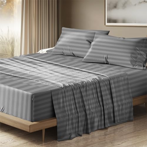 Image of THREAD SPREAD 100% Egyptian Cotton Damask Sheets Queen Size - Luxury 1500 Series Queen Sheet Set Egyptian Cotton (4 PC, Dark Grey Stripe), Silky Soft, Sateen & Cooling, 17 inch Deep Pocket Bed Set