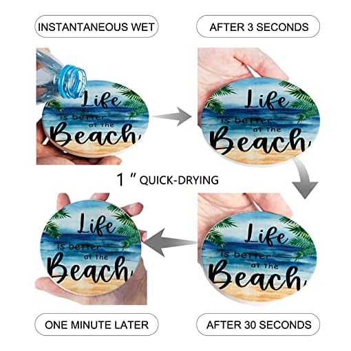 Absorbent Coaster Ceramic Stone Set of 8 with Cup Holder, Better Life Beach Quotes Table Drink Coasters Cork Base Coastal Ocean Vacation Cup Place Mats for Holiday Party Family Dining - Image 4