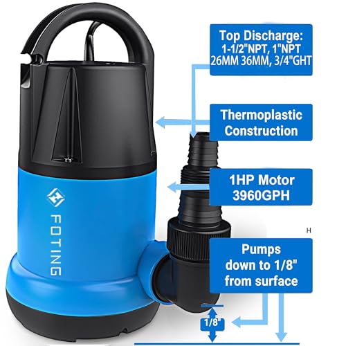 Foting T-Q9003 Sump Pump 1Hp 3960 Gph For Clean/Dirty Water Use, Thermoplastic Submersible Water Pump Utility Electric Portable Transfer Pump For Swimming Pool Garden Pond Basement Window Wells thumb #3