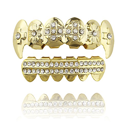 LuReen 14k Gold Vampire Fang Cross CZ Top and 2 Rows Bar Bottom Teeth Set Joker Diamond Hip Hop Grillz