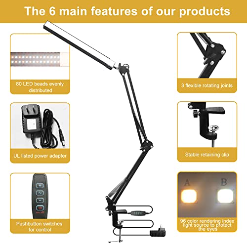 Led Desk Lamp,97 Cri Eye Protection Book Light,Swing Arm Desk Lamp With Clamp,Dimmable 3 Color Modes & 8 Brightness Table Lamp,High Brightness Desk Lamp For Home Office,Study,Reading,Dorms,Studios #TOP4