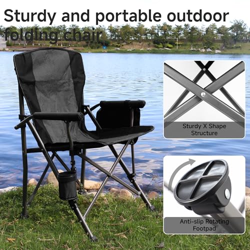 Image of Heavy Duty Folding Camping Chair Supports 400 LBS, Hard Arm Portable Outdoor Chair with Cup Holder & Storage Bag, Foldable Collapsible for Camp, Picnic, Lawn, Fishing, Grey