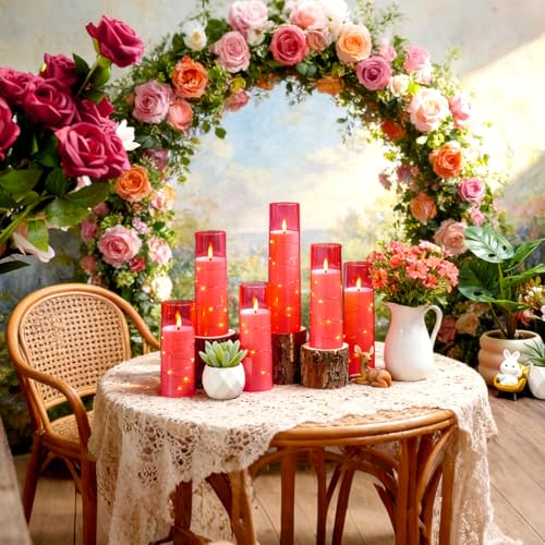 Image of Nimiko Flickering Flameless LED Candles,Battery Operated Candles 9 Pcs with Embedded Star String,Acrylic LED Pillar Candles with Remote,Suitable for Home Decoration to Create an Atmosphere (Pink)