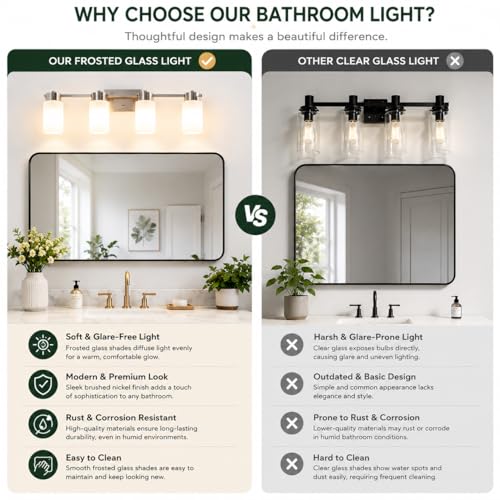 Image of 4-Light Bathroom Vanity Light, Brushed Nickel Vanity Light with Frosted Glass Shades, E26 Base Bathroom Light Fixture, Dimmable, Up or Down Wall Mount Lighting for Bathroom Mirror