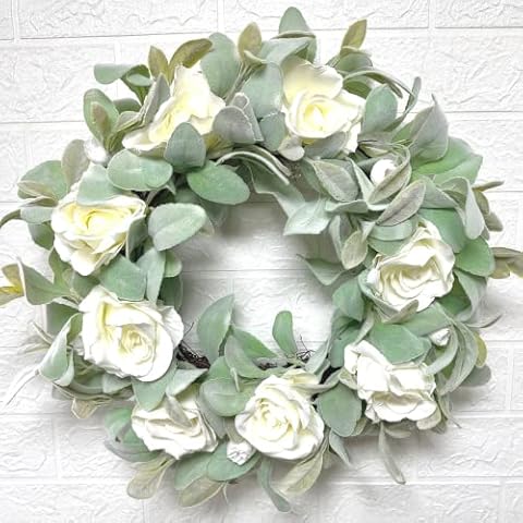 Artificial Lambs Ear Wreath with White Rose for Front Door, Spring Greenery Wreath Floral Wreath, Home Wedding Farmhouse Decorative Wreath, 17.7" Cover