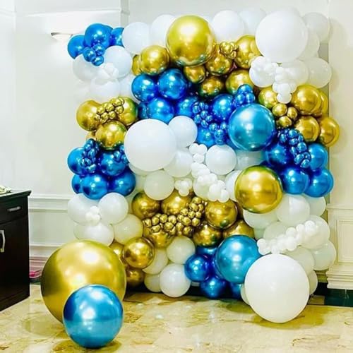 Image of 30 pcs Blue Gold Chrome and White Metallic Balloons for Birthday Decorations, Anniversary, Engagement, Wedding, Baby Shower, Welcome Baby Party Decorations (30 Pcs, Blue White Gold ch)
