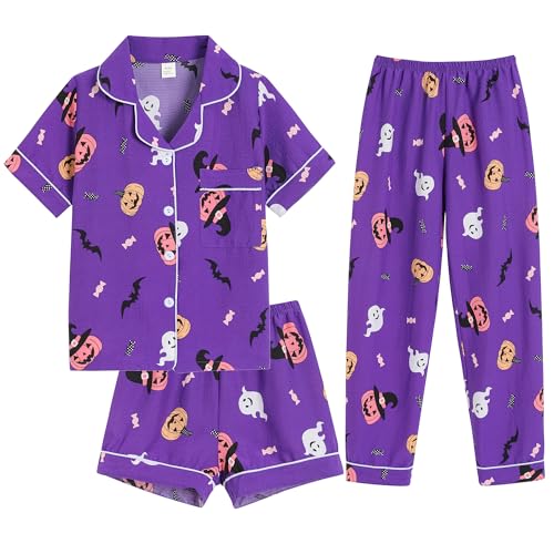 Image of Hupohoi Big Girls Button Down Pajama Set 3pcs Short Sleeve Long Pants with Shorts Crepe Wrinkled Fabric Sleepwear Nighty