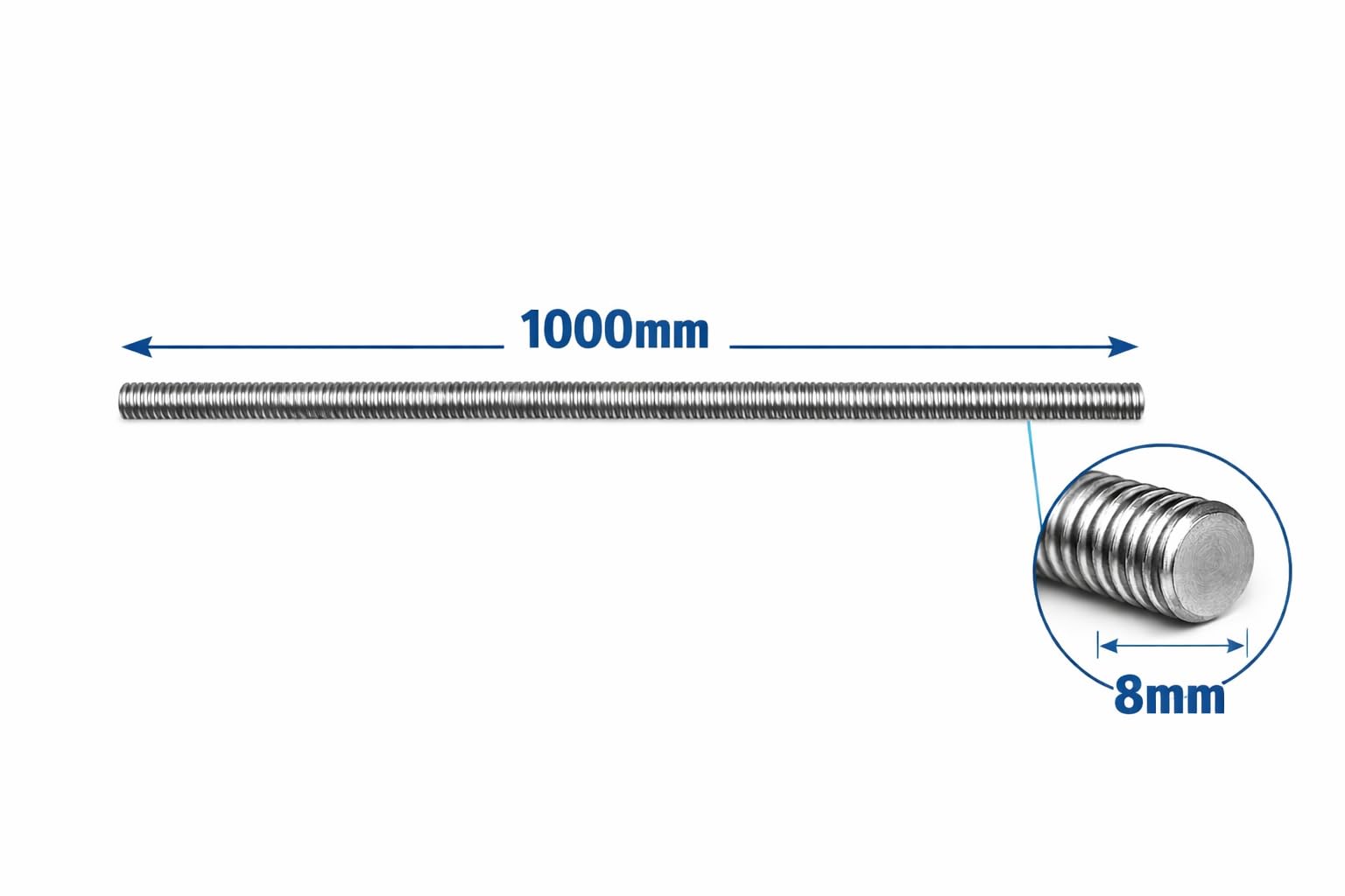 Lot de 4 tiges filetées M8 x 1 000 mm, acier inoxydable A2, filetage métrique complet DIN 975, comprend 8 rondelles inox DIN 125 et 8 écrous inox DIN 934