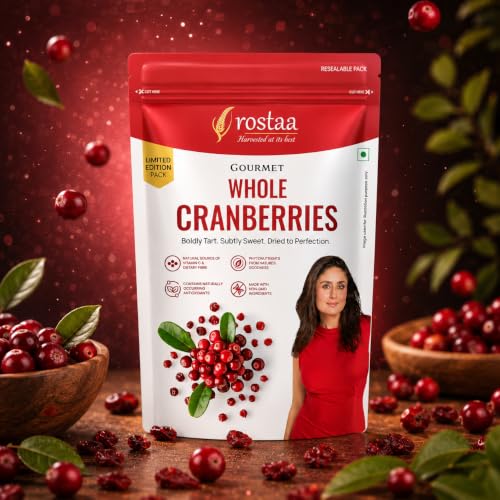 Image of Rostaa Gourmet Whole Cranberries 200 gms | Rich in Antioxidants, Fiber & Vitamin C | Supports Immunity, Digestion & Heart Health | Premium & 100% Natural Snack (200 GM (Pack of 2))