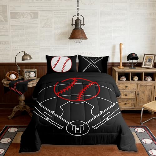 Baseball Field Print Comforter Set Full Size,Boys Ball Sports Games Themed Bedding Comforters Bedroom Decor,Red Baseball Bat Sporting Equipment Duvet Set with 2 Pillowcases,for Girls Teens