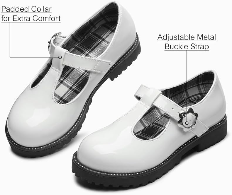 HOMEHOT Girls Mary Jane Dress Shoes with Metal Buckle Strap, Plaid Lining School Party Shoes