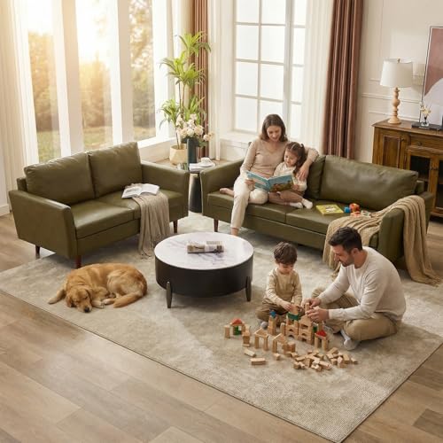 Image of Kingfun 2 Piece Faux Leather Sofa Set, Mid Century Modern Living Room Furniture Set with 3-Seater Sofa and Loveseat, Small Leather Couch with Solid Wood Frame for Bedroom and Office, Olive Green