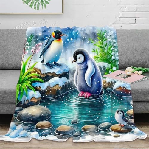 Plaid pingouin impression 3D en microfibre douillette jeté de canapé chaud 100x130cm - 2