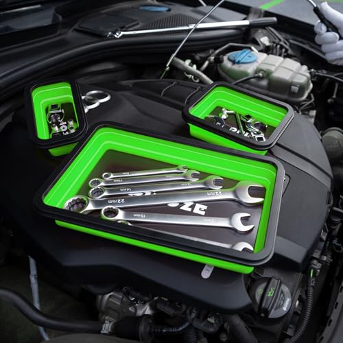 Image of PINOZE Collapsible Magnetic Parts Organizer Trays & 12 inch Flexible Magnetic Pickup Tool, 3 Different Size Magnet Tool Trays & Pick-Up Sweeper for Screw, Bolts, Nuts, Washers, Pins and Metal Parts, Green