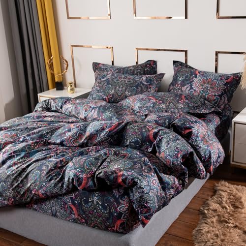 VM VOUGEMARKET Retro Paisley Duvet Cover Queen Size Boho Damask Duvet Cover Sets 100% Brushed Cotton Bedding Set,1 Duvet Cover and 2 Pillow Shams for All Seasons-Stormy Blue