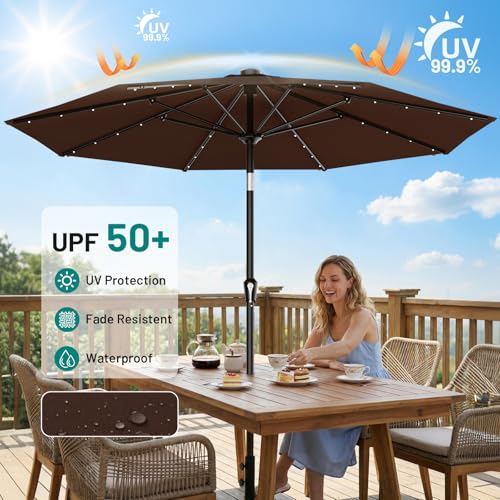 Image of AreShark 9FT Patio Umbrella with Solar Lights, 32 Lighted Pool Umbrella w /Tilt and Crank, Outdoor Market Solar Umbrellas for Garden, Deck, Backyard, Pool and Beach, Brown