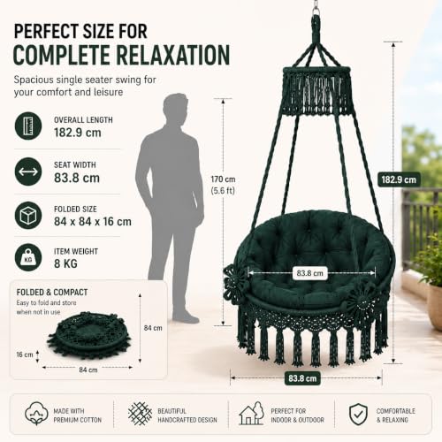 Image of Premium King Size Hammock Chair Swing with Cushion, 200kg Capacity | Indoor Outdoor Heavy Duty Adults & Kids Hanging Jhula for Home, Garden, Patio & Balcony | 1Yr Warranty (Bottle Green)