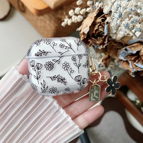 Image of MINSCOSE Compatible with AirPods 4 Clear Case,Cute Flower Floral Aesthetic Design with Flowers Keychain, Soft TPU Protective Shockproof Case for Women Girl for Airpods 4-Black
