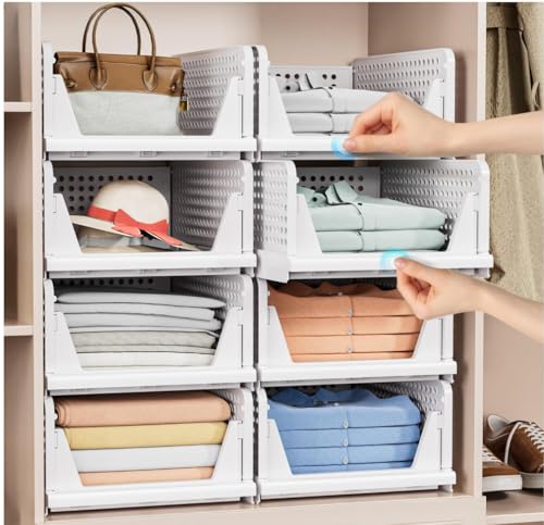 Image of caktraie 4 Pack Stackable Closet Storage Basket - Stackable Storage Bins, Multifunctional & Foldable Closet Organizer Divided, Wardrobe Cupboard Space-Saving Clothes Storage Hat Organizer, White