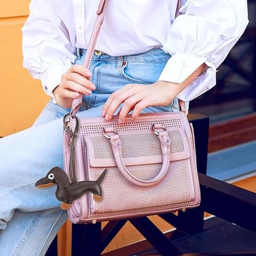 Image of 2 Bag Charms, Dachshund Leather Keychain for Handbags, Stylish Bag Accessories for Women, Cute Keychain for Girls, Matching Bag Charms in (Brown+Orange)
