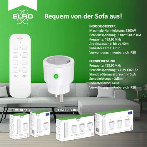 ELRO RC1300 zestaw przełączników bezprzewodowych – 3 x inteligentne wtyczki + pilot zdalnego sterowania – zasięg 40 m