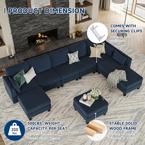 Modular Sectional Sofa, 6 Seat Comfy Modular Sofa Couch with High Density Memory Foam, Convertible U Shaped Sofa Couch for Living Room, Modern U Shaped Sectional Sofa Blue
