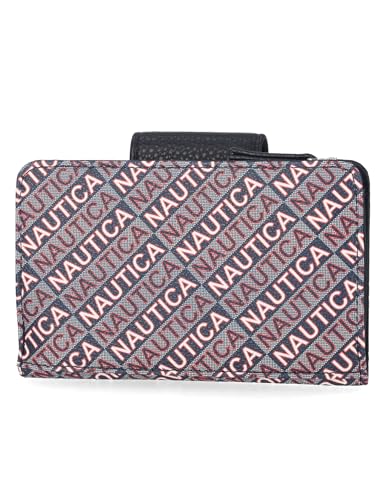 Image of Nautica Womens, Close Reach Vegan Leather RFID Wallet, Small Credit Card Holder Purse with Zipper Coin Pocket and ID Window in Indigo Jacquard