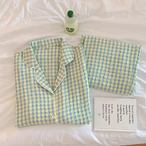 DFRIZ Pyjama en Pur Coton Respirant pour Hommes et Femmes Ensemble de Pyjama à Carreaux pour Femmes Long Simple Boutonnage Confortable Classique Ample Pyjama Ensemble vêtements de Nuit -L Cover