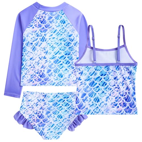 Image of Funnycokid Girls Swimsuit 3 Pieces Long Sleeve Rash Guard Set Tankini Bathing Suits Summer Kids Swimwear 3-10 Years