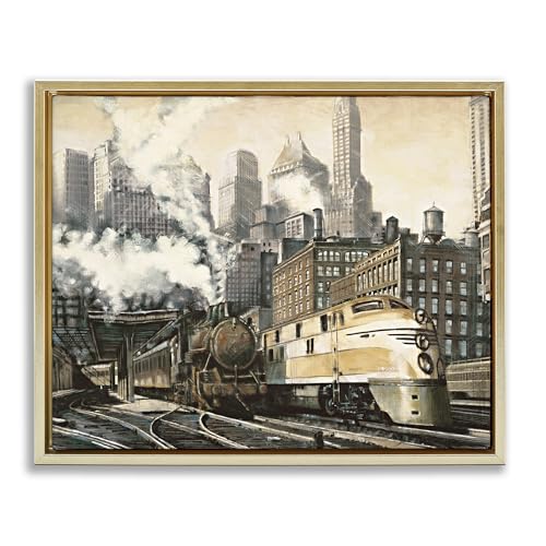 Urban Steam Train Cityscape, 25 x 31 Inch Canvas in Floater Frame