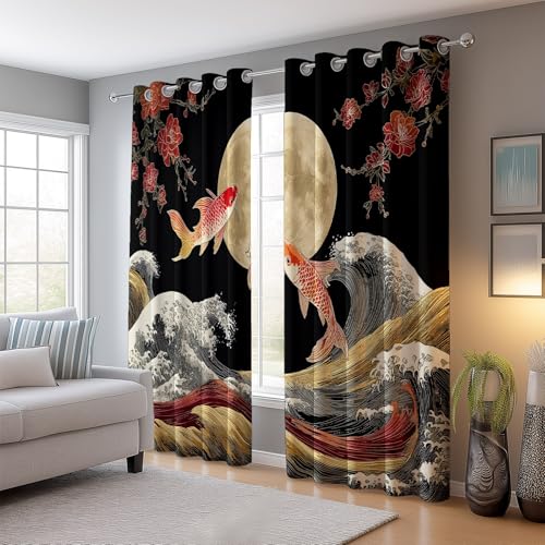 Blackout Curtains Koi Waves Japanese Style Thermal Insulated Energy Saving Eyelet Room Darkening Curtains for Bedroom W 46" x L 54" (2 Panels) Decorative Drapes Panels for Bedroom Red Gold