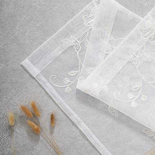 White Sheer Curtains Embroidery 63 Inch Length Rod Pocket Voile Drapes For Living Room, Bedroom, Window Treatments Semi Flower Pattern Curtain Panels For Kitchen, Yard, Farmhouse, Set Of 2, 52"X 63". #TOP7