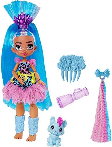 Cave Club Tella Doll (8 – 10-inch, Blue Hair) Poseable Prehistoric Fashion Doll with Dinosaur Pet and Accessories, Gift for 4 Year Olds and Up [Amazon Exclusive]