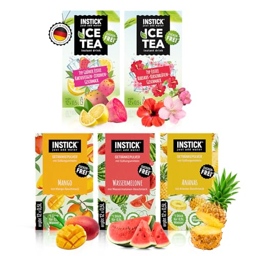 INSTICK Zuckerfreies Instant-Getränk (Bundle Exotic) verschiedene Klassik & Eistee Sorten 5x12 Sticks - 1 Stick für 0,5-1 L - Veganes Getränkepulver Kalorienarm & Vitamin C - Instant-Pulver